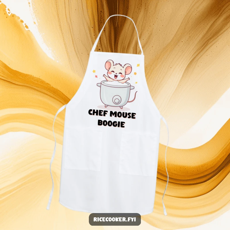 Funny mouse apron, wearing an apron, dancing around a steaming rice cooker, practical and cute kitchen accessory for joyful cooks.
