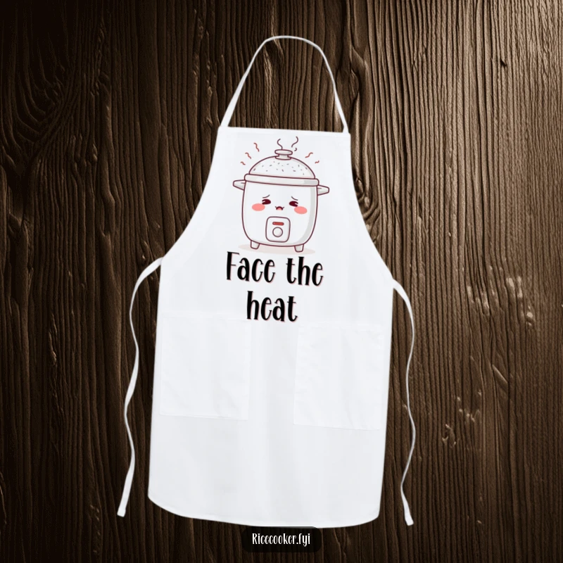 Funny apron shows a blushing rice cooker with rosy cheeks and steam rising like embarrassed sighs, a cute and comical kitchen essential.