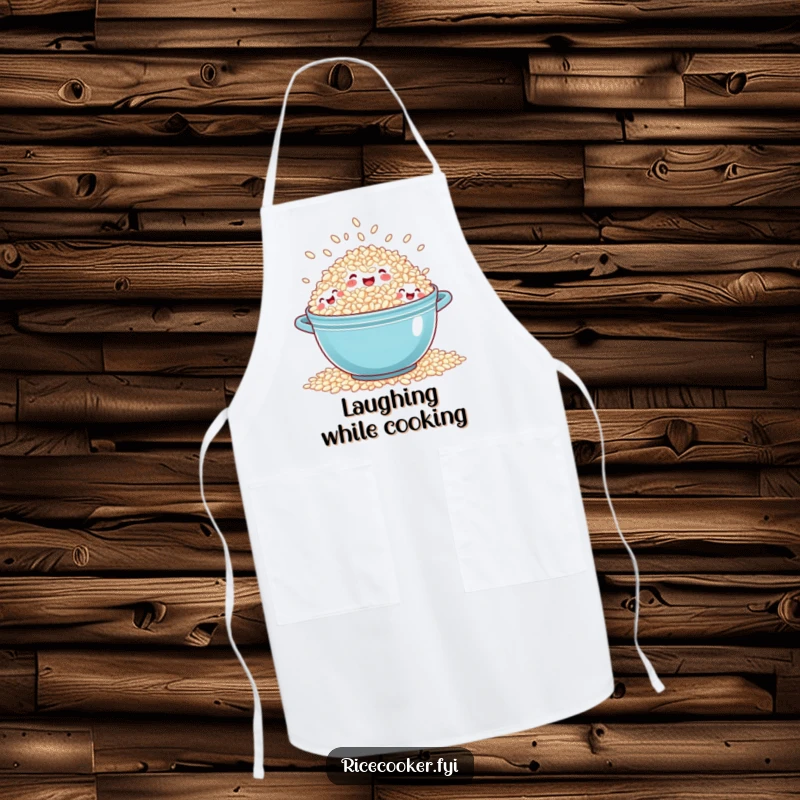 Funny overflowing rice apron with a pot of rice and tiny, laughing grain faces spilling out, ideal for a joyful chef.