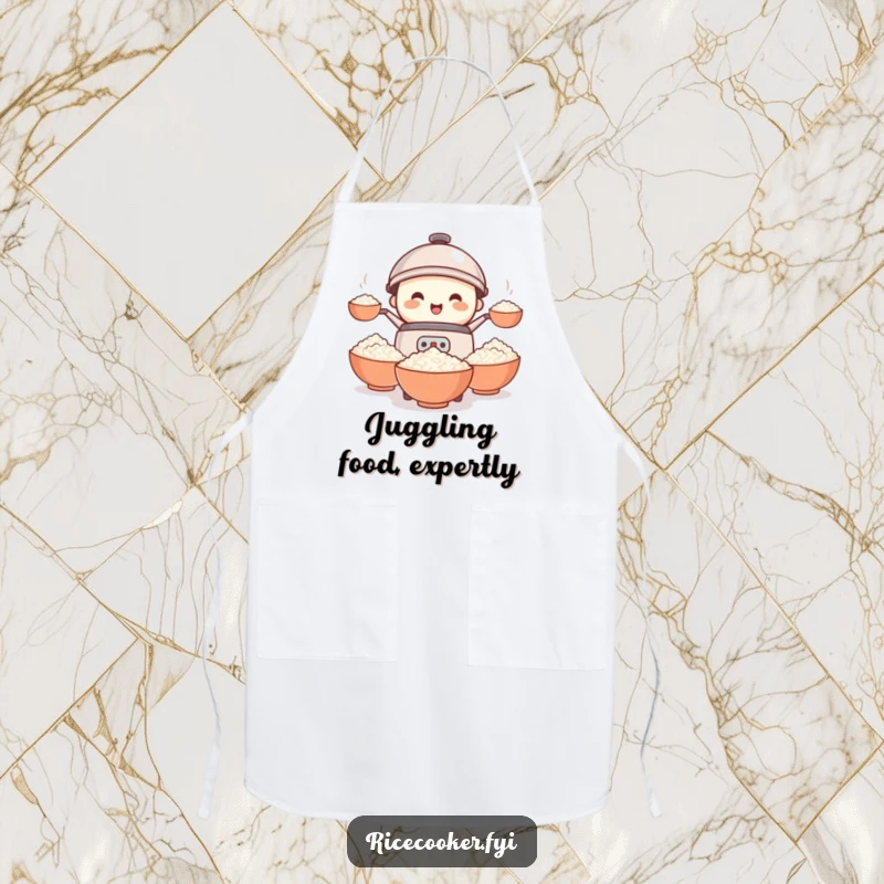 Funny rice cooker apron with a tiny, smiling character humorously juggling several bowls of rice, ideal for a playful cook.