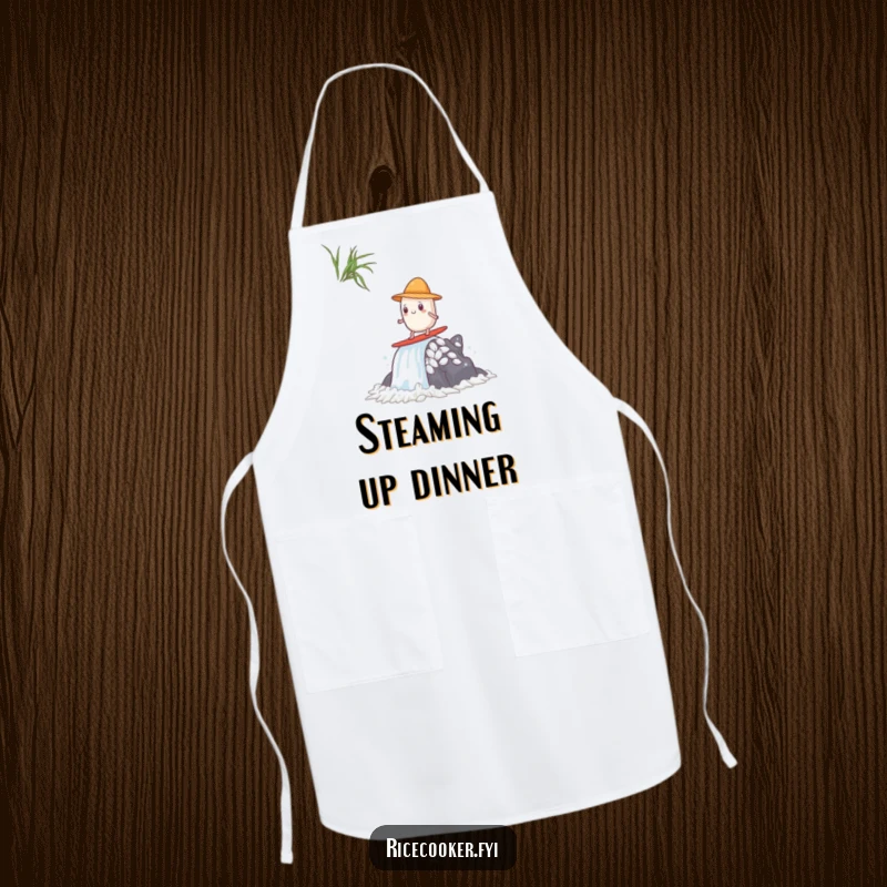 Funny apron featuring a rice grain with a tiny hat, surfing a steam waterfall, perfect for anime fans and culinary adventurers.
