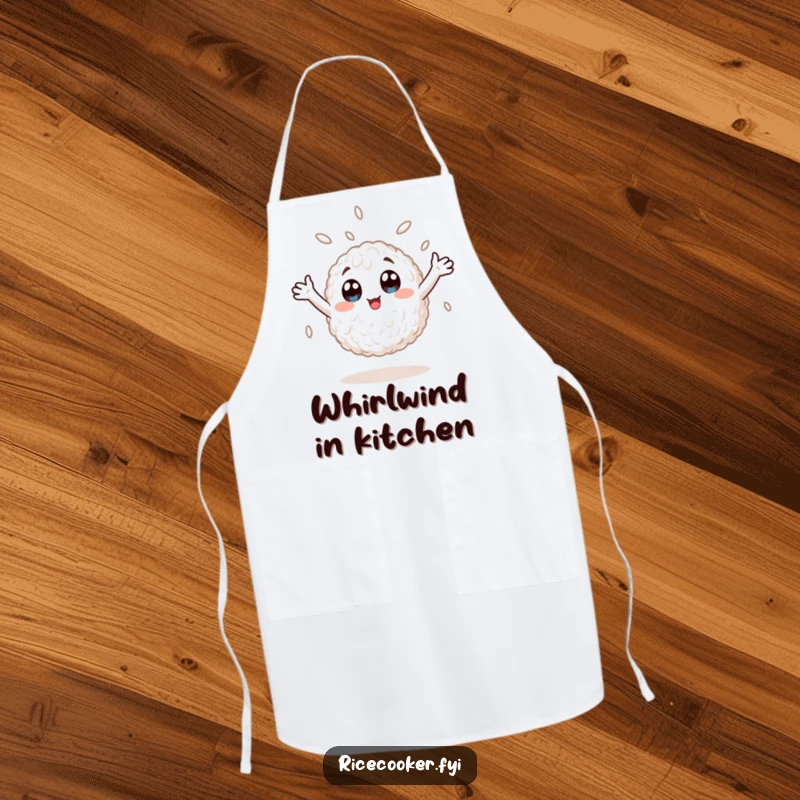Funny apron featuring a euphoric rice grain spinning with arms up, perfect for the kitchen, adding anime charm and humor to cooking.