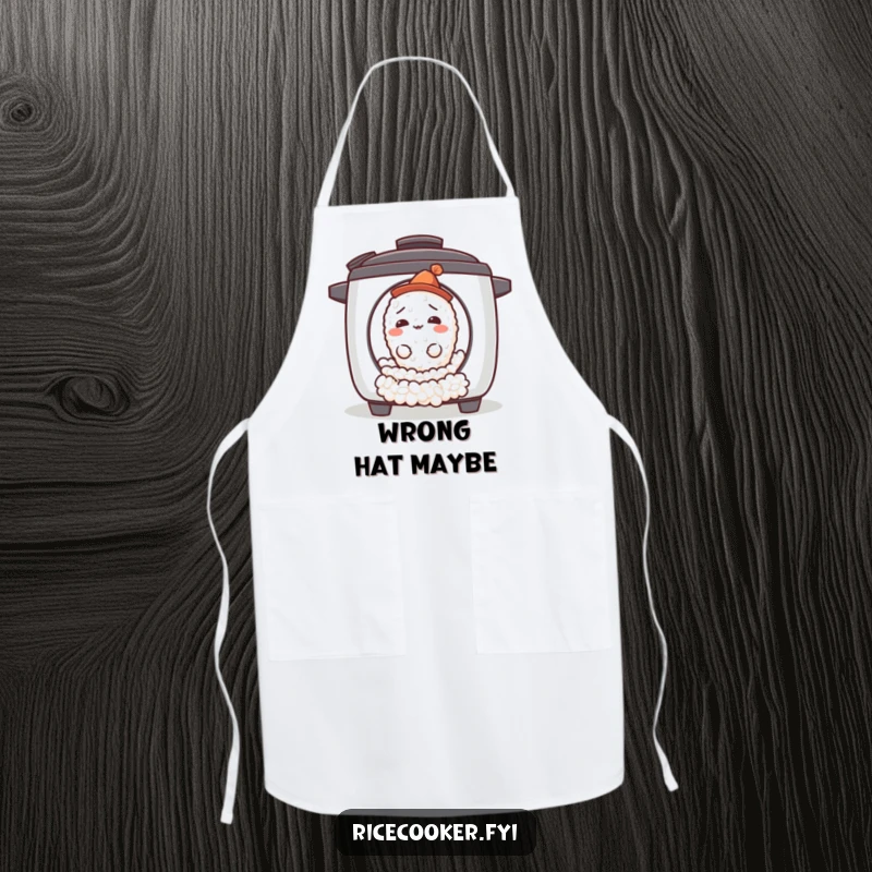 Funny confused rice grain apron with a tiny grain wearing a hat rolling out of a rice cooker, ideal for a curious chef.