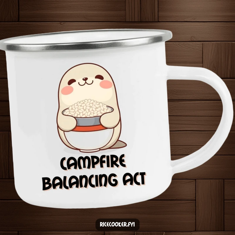 Funny camping mug with a smiling seal balancing a bowl of rice on its nose, designed for outdoor enthusiasts with a sense of humor.