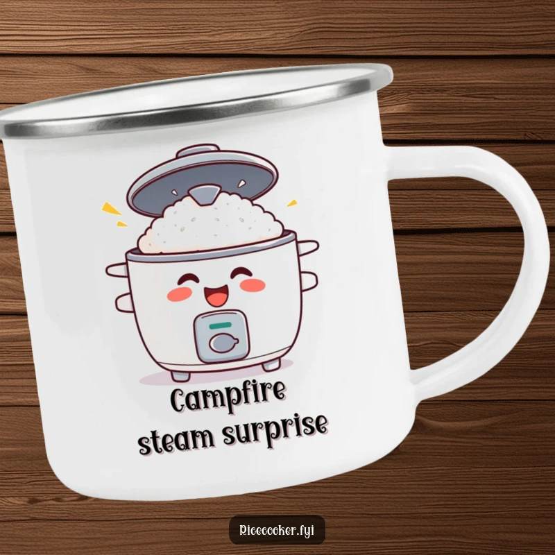 Funny camping mug showing a grinning rice cooker with its lid popping open in surprise, perfect for outdoor coffee enjoyment.