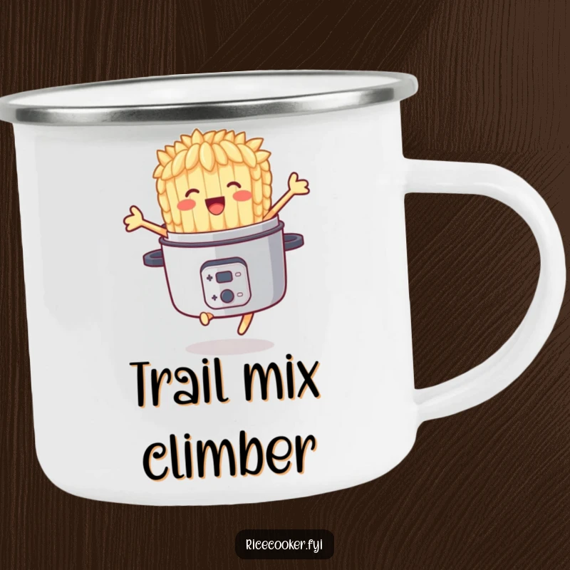 Funny camping mug with a delighted rice grain character joyfully jumping out of a rice cooker, perfect for outdoor enjoyment.
