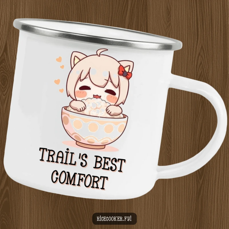 Funny camping mug featuring a character happily embracing a steaming bowl of rice, perfect for enjoying meals during outdoor adventures.