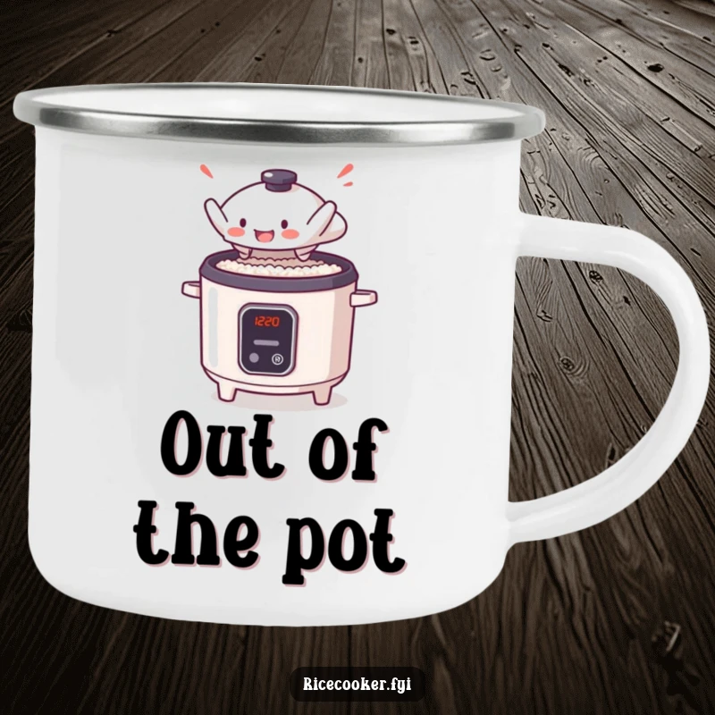 Funny enamel camping mug showing a tiny rice cooker lid in a grand, anime-style leap, perfect for outdoor kitchen antics.