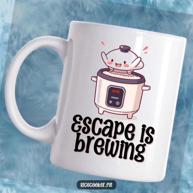 Funny mug showing a tiny, anthropomorphic rice cooker lid mid-air, dramatically leaping off its cooker with determined flair.