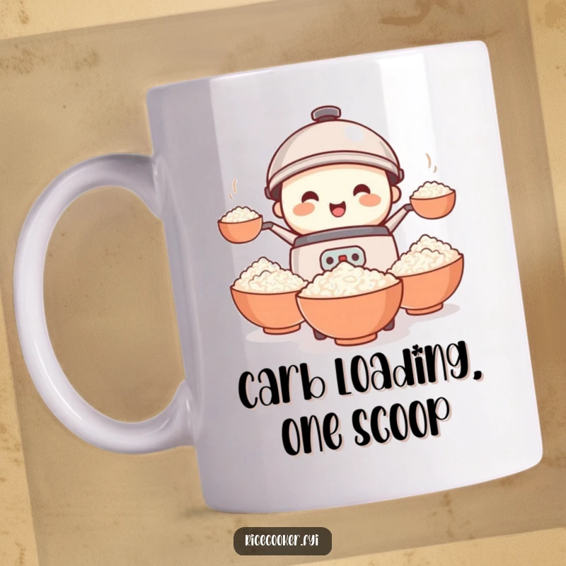 Funny rice cooker mug with a tiny, smiling character furiously juggling multiple bowls of rice, showcasing chaotic kitchen humor.