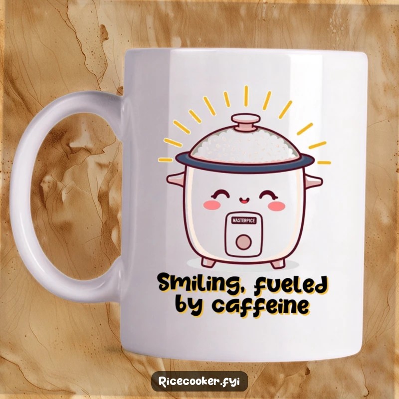 Funny mug showcasing a smiling rice cooker radiating warm energy, a joyful and comforting kitchen character.