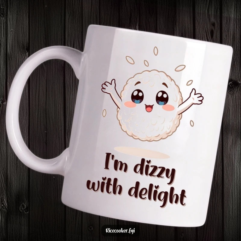 Funny mug featuring a wide-eyed rice grain enthusiastically spinning with arms up, radiating pure, unadulterated joy and silliness.