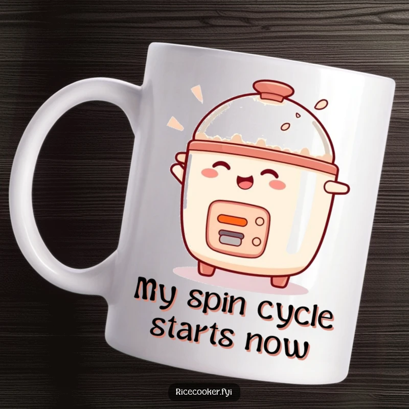Funny rice cooker character spinning with pure delight, holding a chef's hat, perfect for kitchen humor lovers.