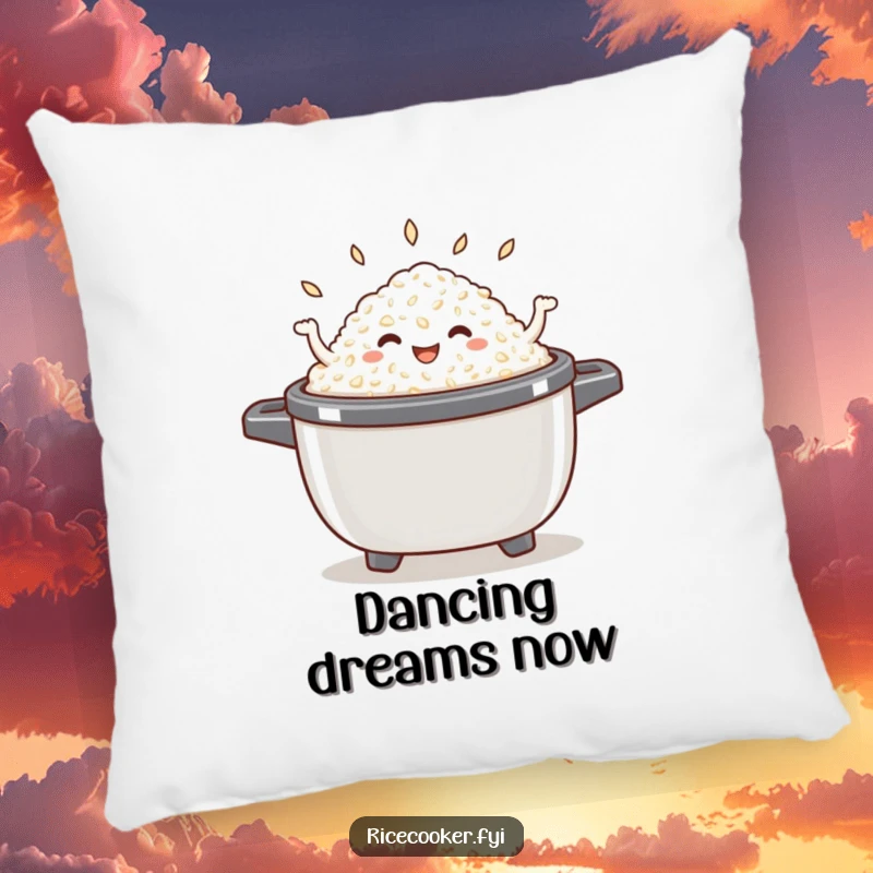 Funny dancing rice pillow showing a cheerful pile of cooked rice performing a lively dance within an open rice cooker, adding charm.