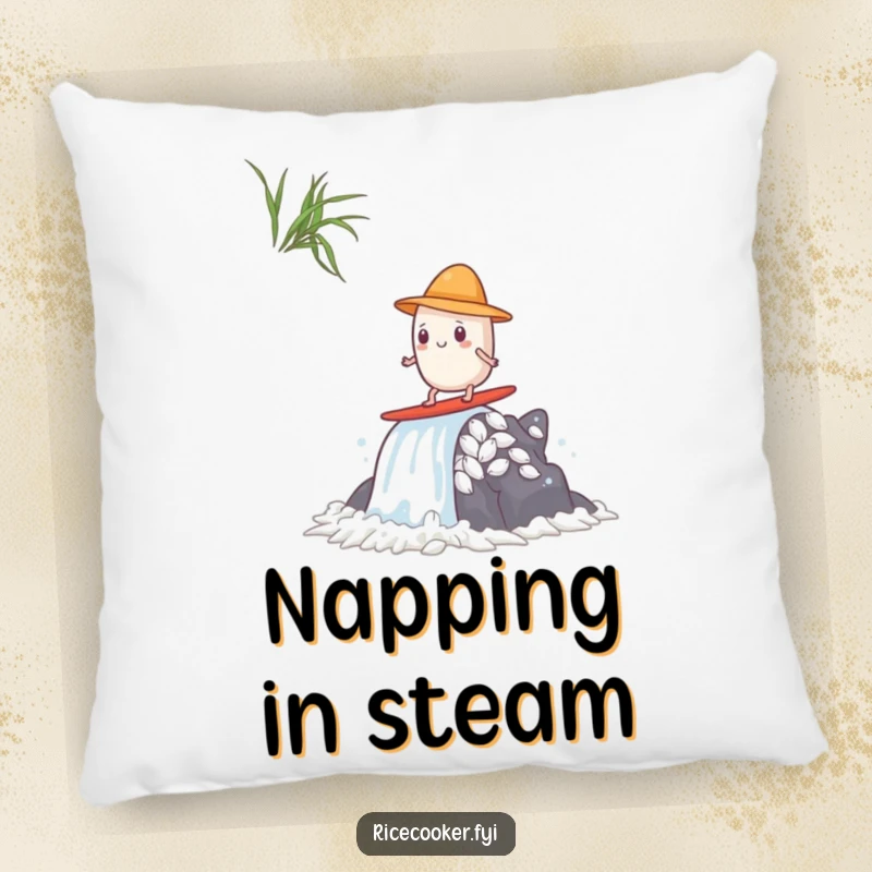 Funny pillow showcasing a small rice grain with a tiny hat, riding a steam waterfall, bringing anime-inspired adventure indoors.
