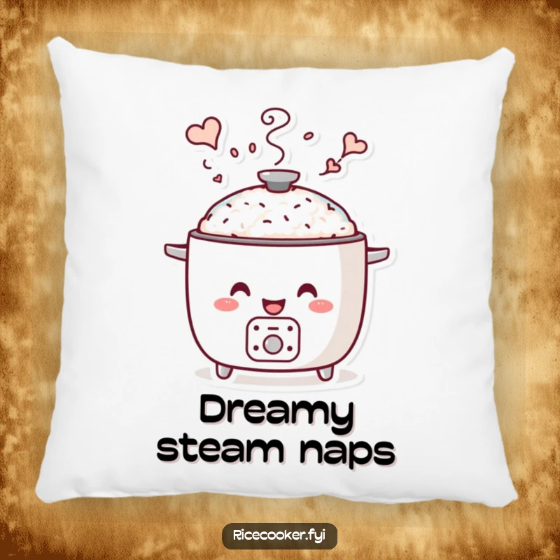 Funny whimsical steam pillow showing a smiling rice cooker with steam forming delightful shapes, perfect for a cozy, dreamy accent.