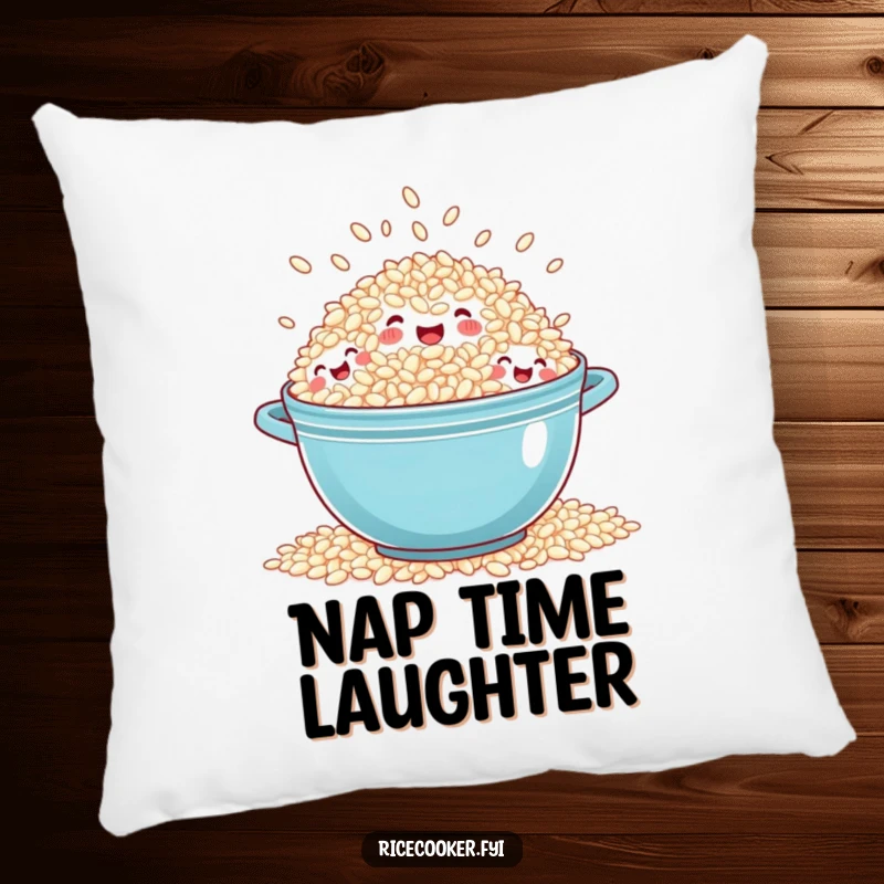 Funny overflowing rice pillow showing a pot of rice with tiny, laughing grain faces spilling out, perfect for a cheerful accent.