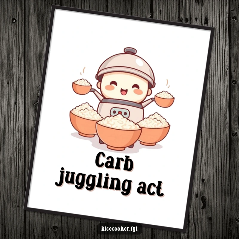 Funny rice cooker digital art print capturing a small, smiling character in a hilarious juggling performance with bowls of rice.