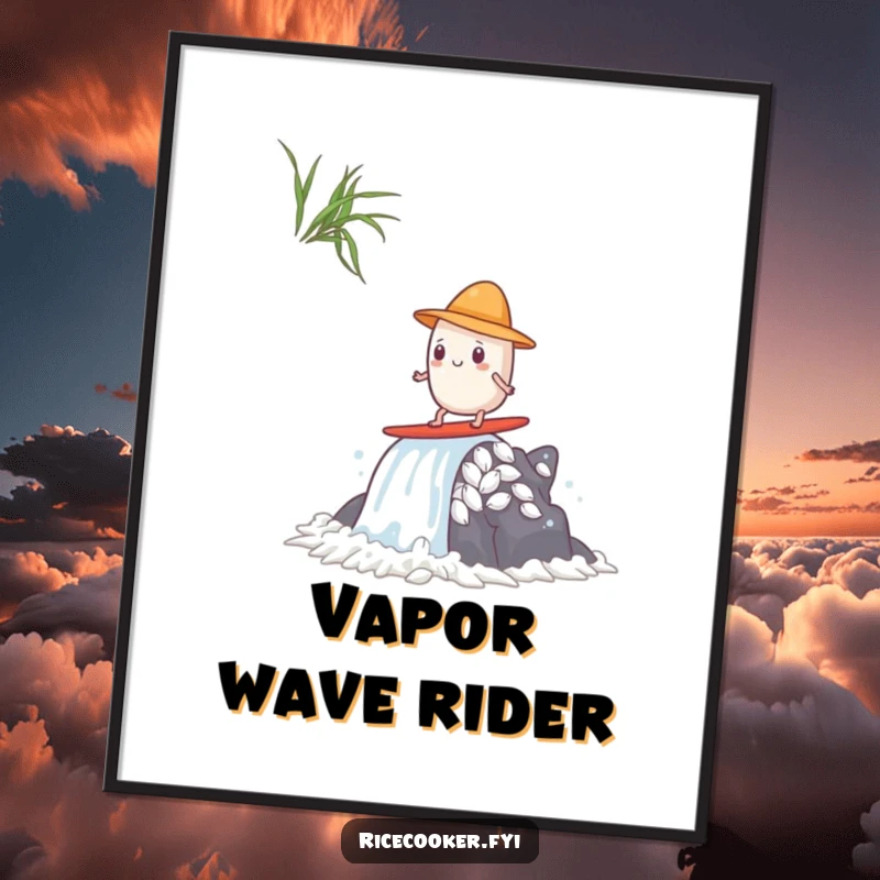 Funny digital art print of a rice grain wearing a tiny hat, masterfully surfing a powerful waterfall of steam, anime-inspired.
