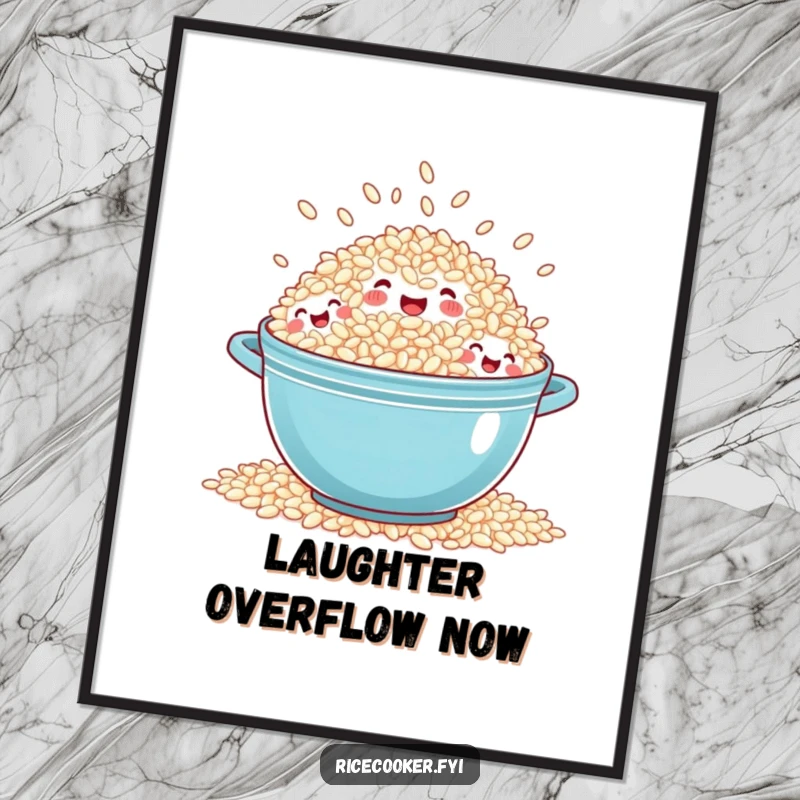 Funny overflowing rice digital art print capturing a pot of rice with tiny, laughing grain faces overflowing with joy.
