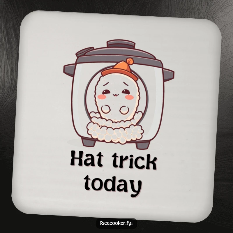 Funny confused rice grain drink coaster showing a single grain with a hat rolling out of a rice cooker, perfect for quirky tables.