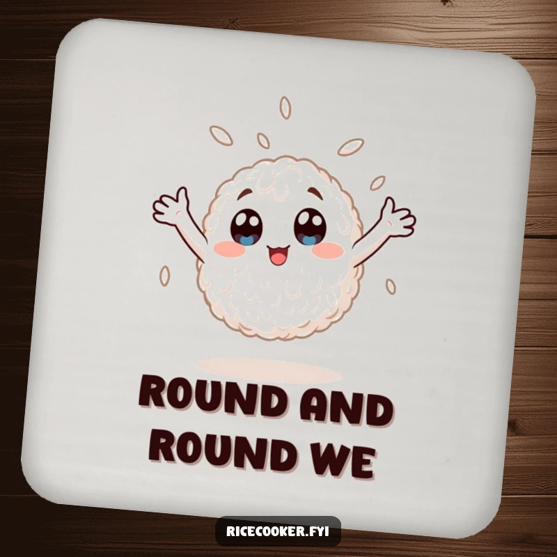 Funny drink coaster depicting a wide-eyed rice grain in a dizzying spin, arms thrown up, celebrating anime-inspired joy.