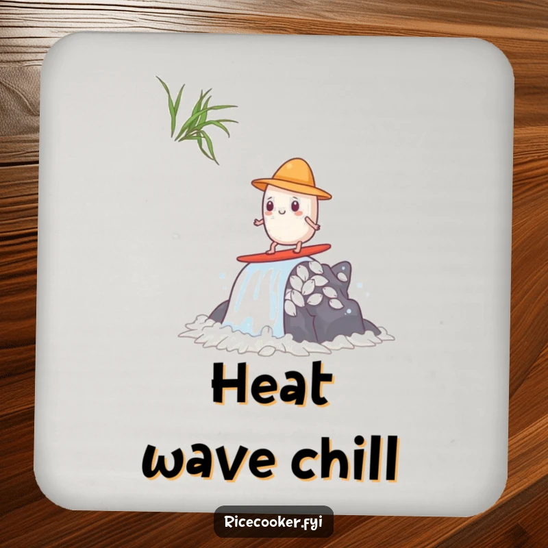 Funny drink coaster showing a rice grain with a tiny hat, confidently surfing a waterfall of steam in anime style.