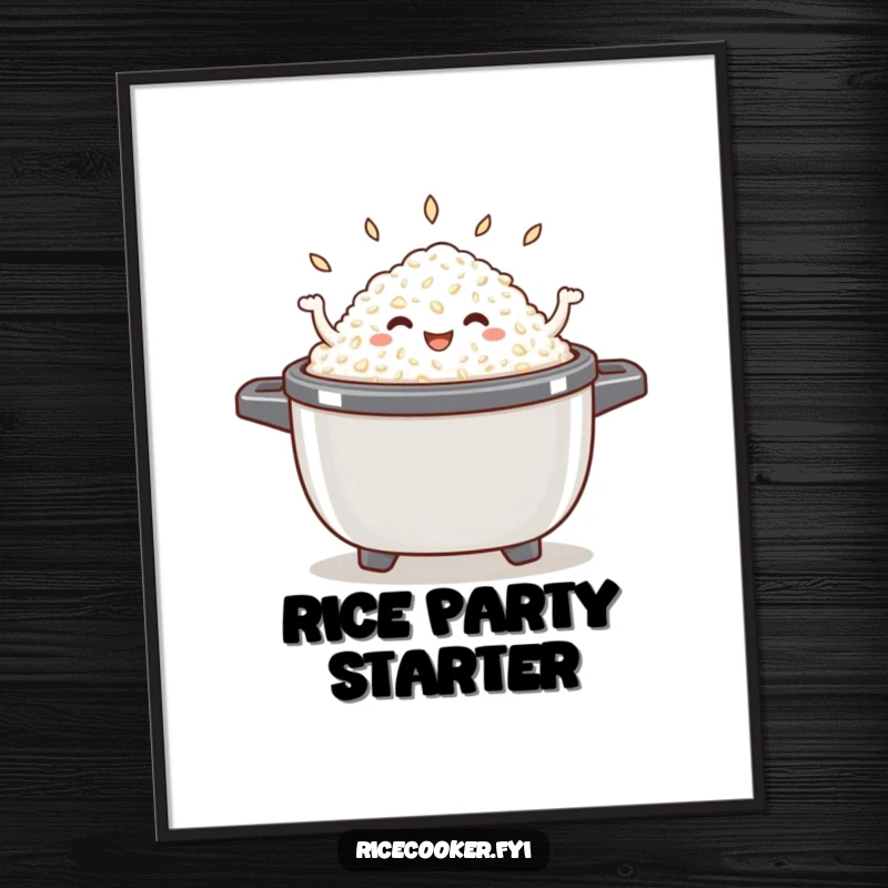 Funny dancing rice poster illustration of a happy mound of cooked rice joyfully dancing inside an open rice cooker, perfect kitchen decor.