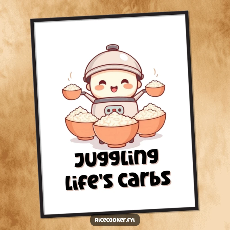 Funny rice cooker poster illustrating a small, smiling character in a comical juggling frenzy with several bowls of rice, perfect kitchen decor.