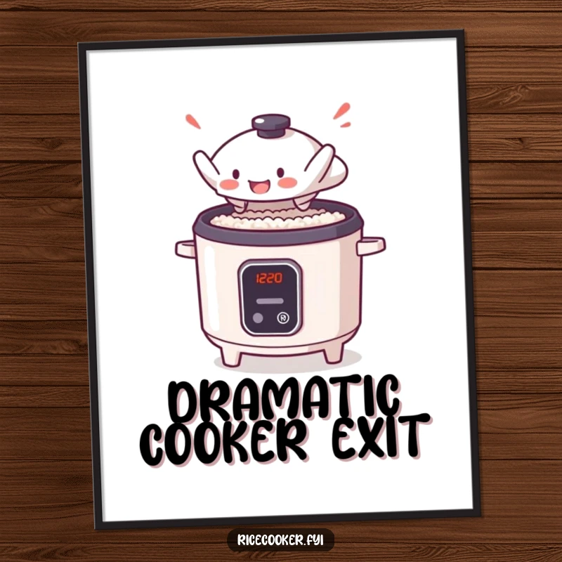 Funny poster featuring a tiny rice cooker lid performing a grand, anime-style leap off its cooker, capturing a moment of bold escape.