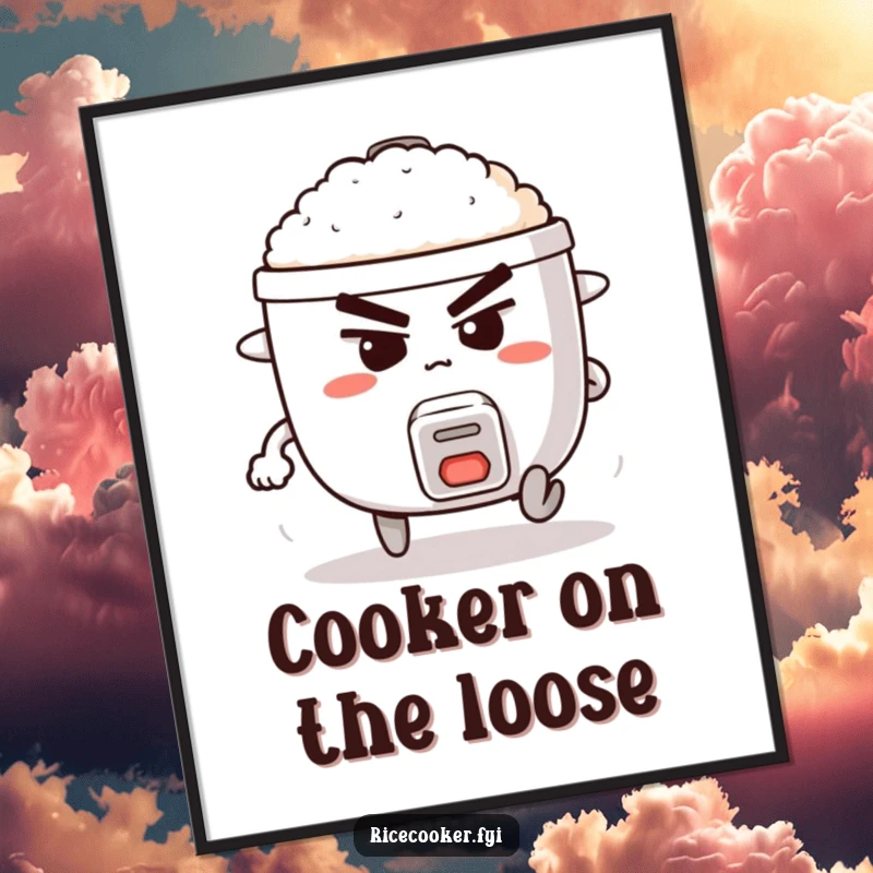 Funny poster of a determined rice cooker with legs, comically running with expression and effort, conveying relentless motivation.