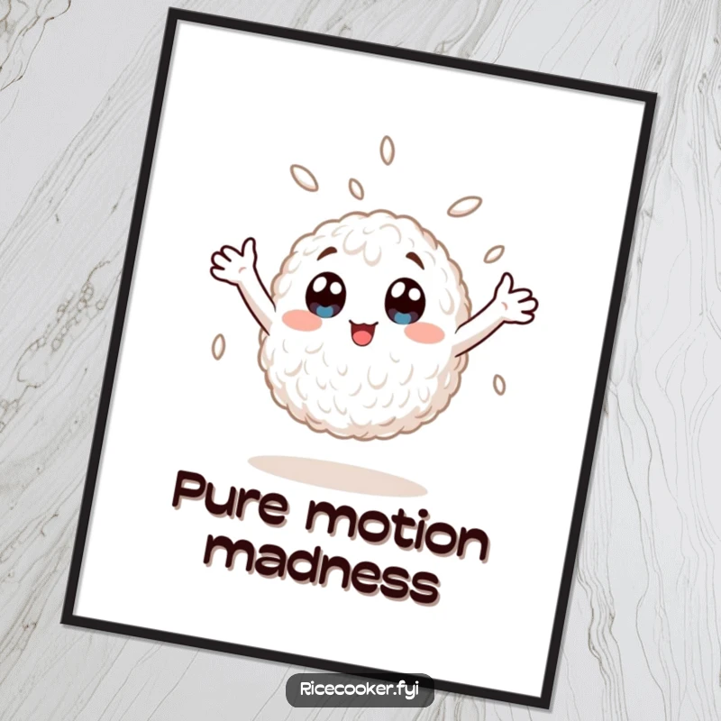 Funny poster of a wide-eyed rice grain captured mid-spin, arms flung wide, radiating infectious anime-style glee and boundless energy.