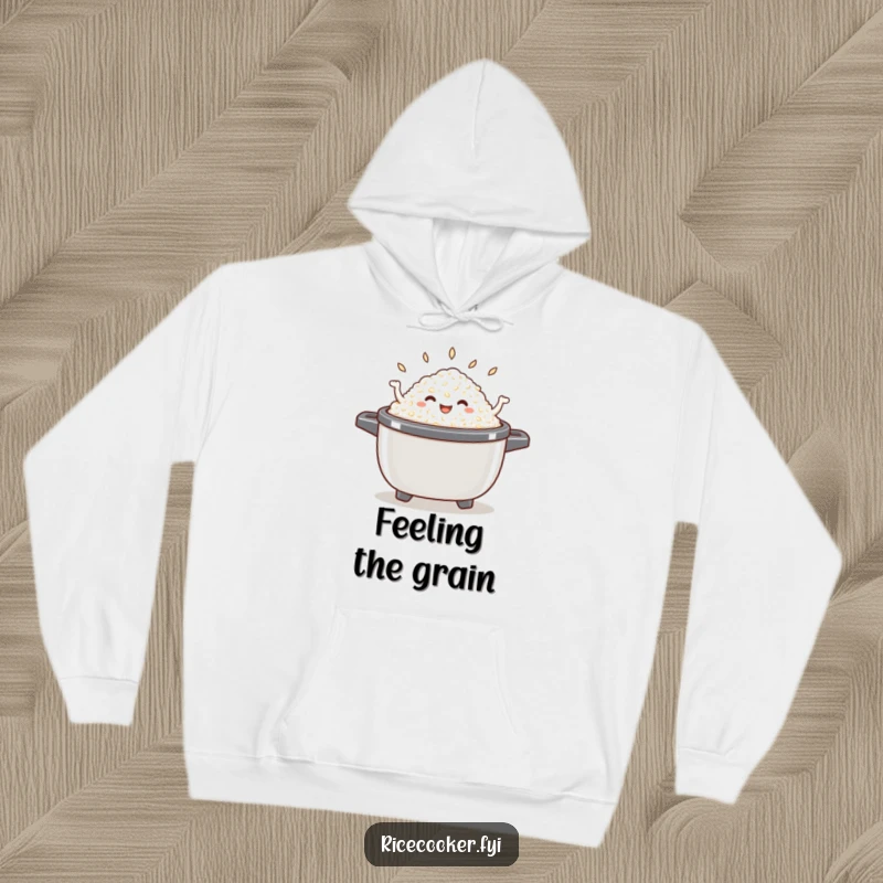 Funny dancing rice hoodie showcasing a happy pile of cooked rice joyfully dancing within the confines of an open rice cooker.