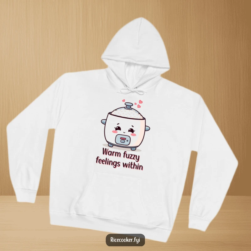 Funny rice cooker hoodie showing a smiling appliance with steam gracefully forming little hearts, promoting warmth and joy.
