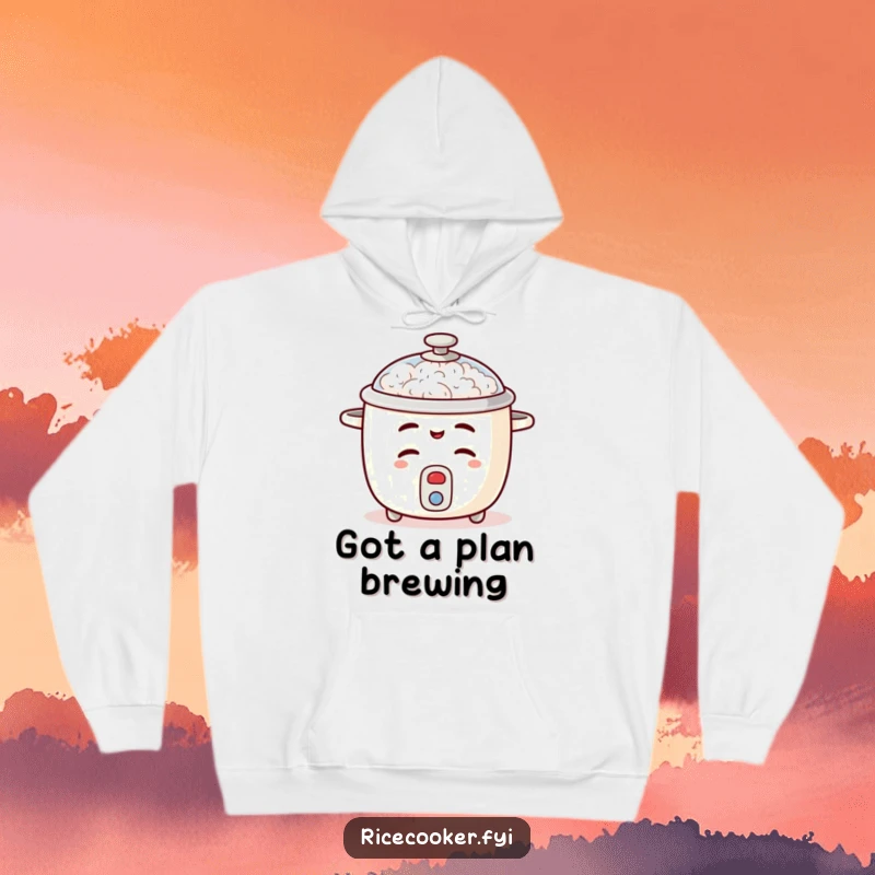 Funny rice cooker hoodie showing a winking appliance with its lid ajar, conveying a sense of playful mischief.