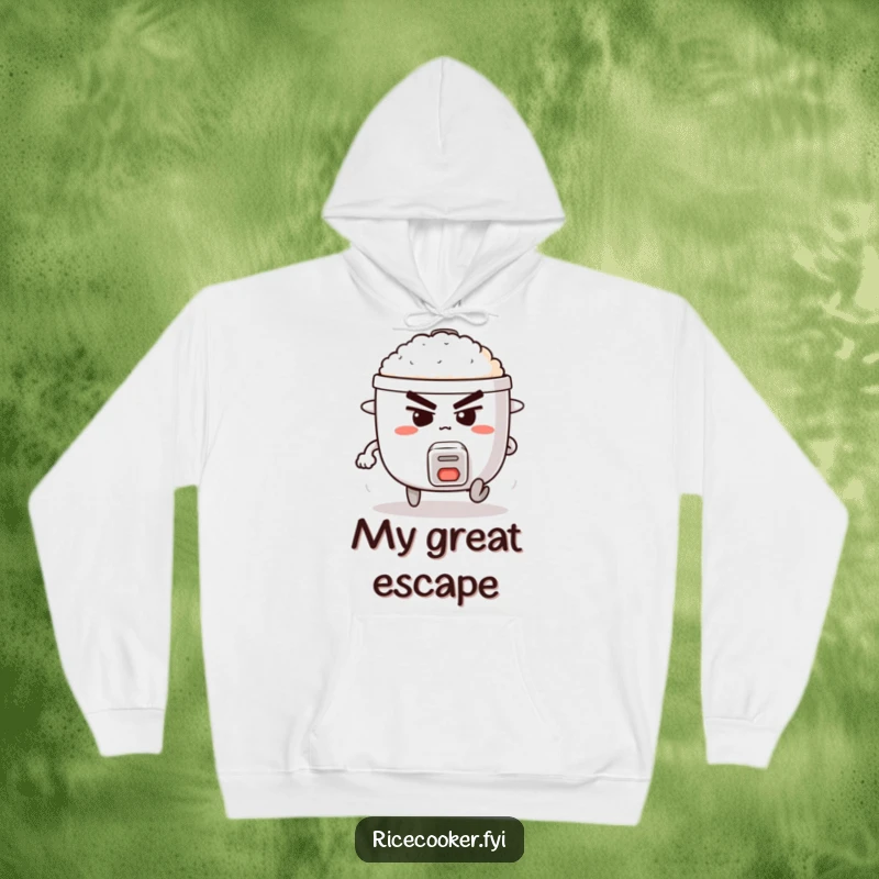 Funny hoodie featuring a focused rice cooker with legs, running with all its might, expressing comical determination.
