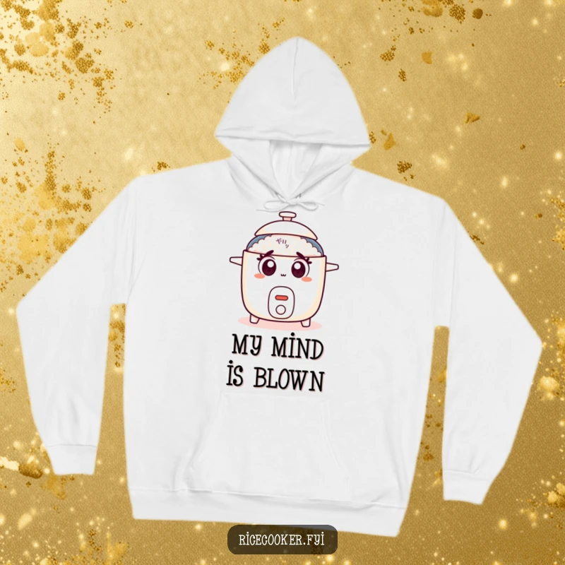 Funny rice cooker hoodie depicting a startled appliance with large eyes and an opening lid, conveying shock.