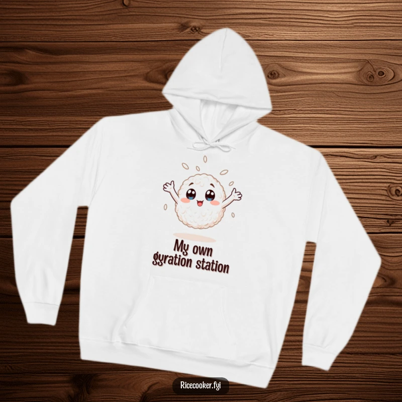Funny hoodie showcasing a wide-eyed rice grain in a hyperactive spin, arms flailing, embodying an explosion of happiness and anime charm.