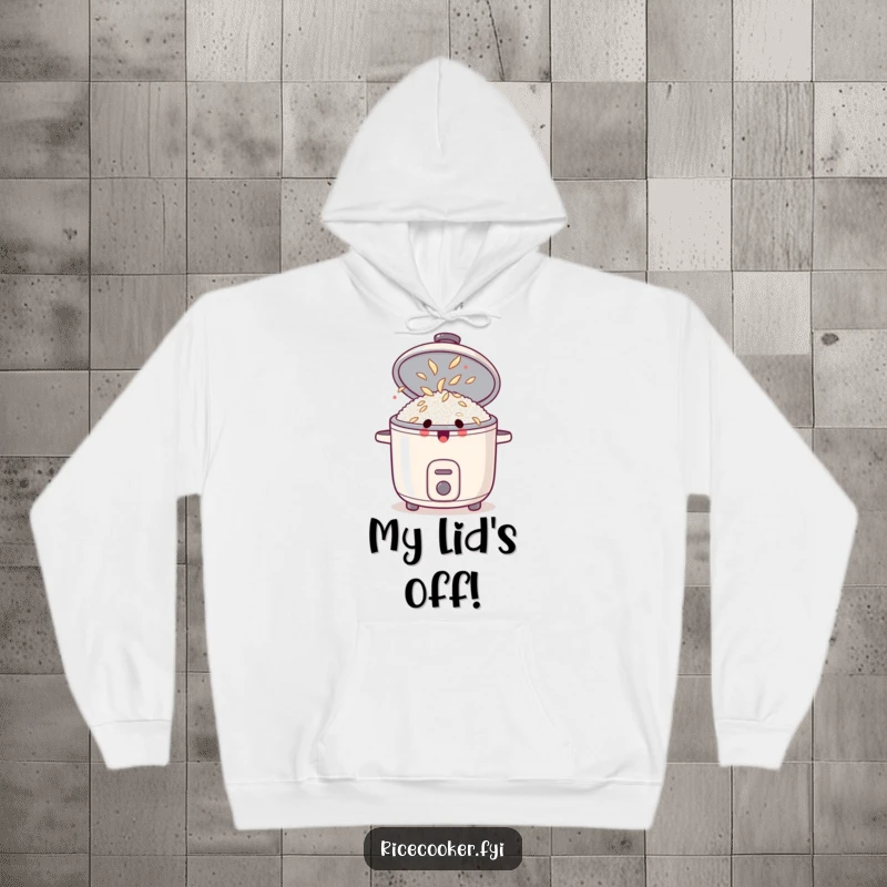 Funny hoodie with a surprised rice cooker, lid open, revealing dancing rice grains, perfect for cozy and humorous moments.