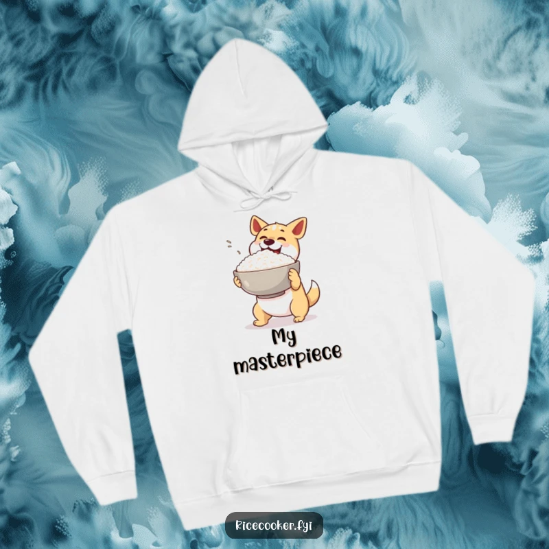 Funny dog hoodie. A happy dog excitedly presents a huge bowl of steaming rice, showcasing its culinary triumph.