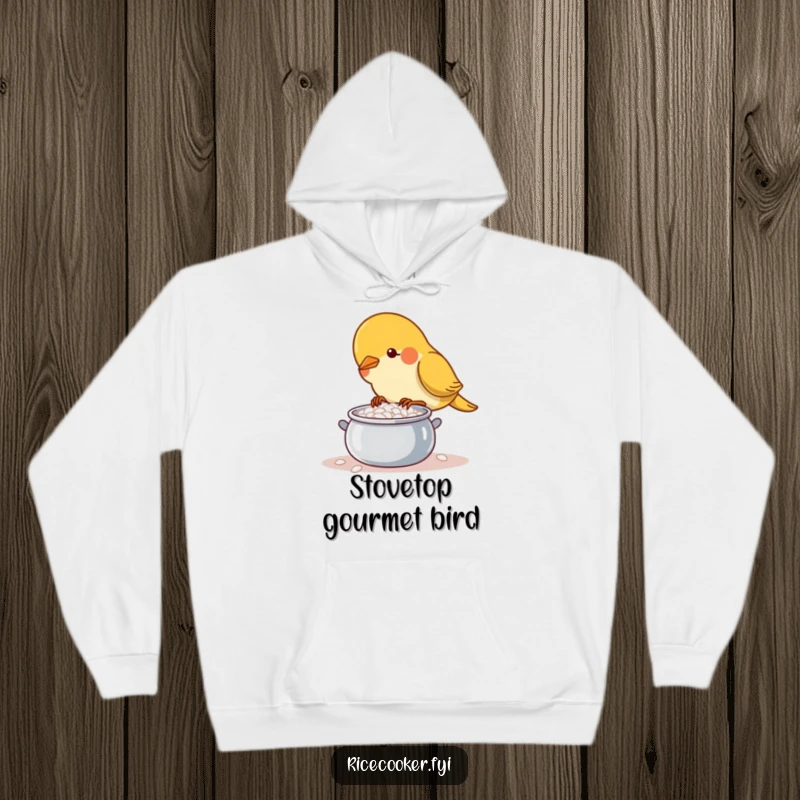 Funny determined bird tending a bubbling rice pot on a comfy hoodie, a symbol of culinary focus.
