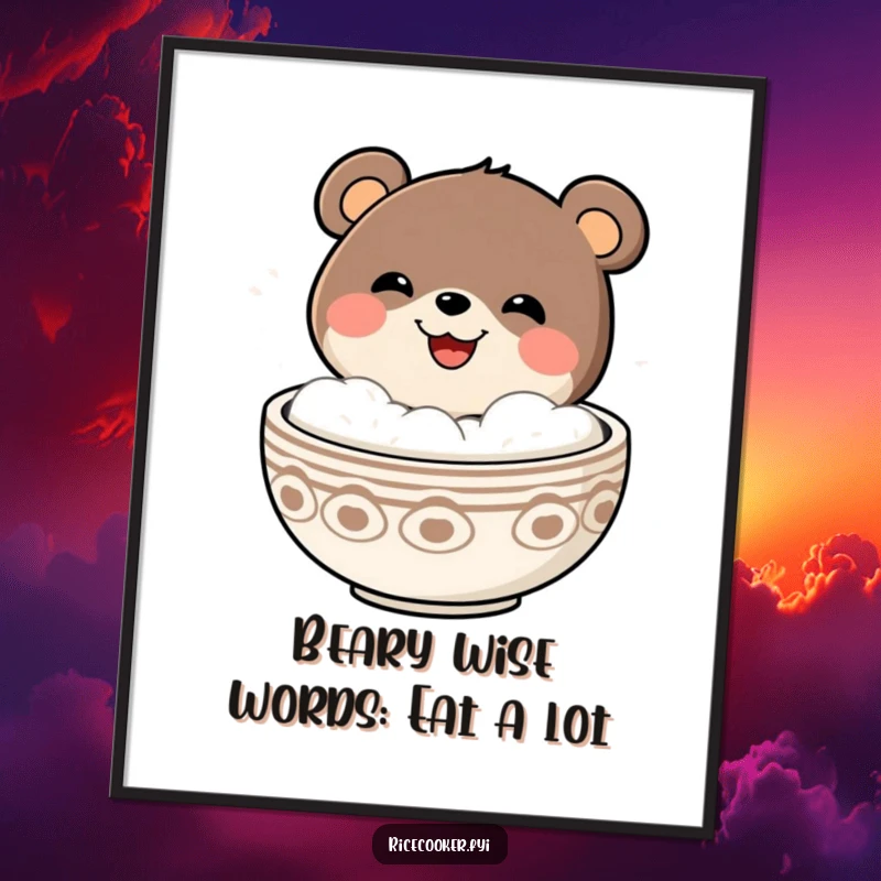 Funny free printable wall art, cheerful bear emerging from a steaming bowl with a grin, cozy humorous food art.