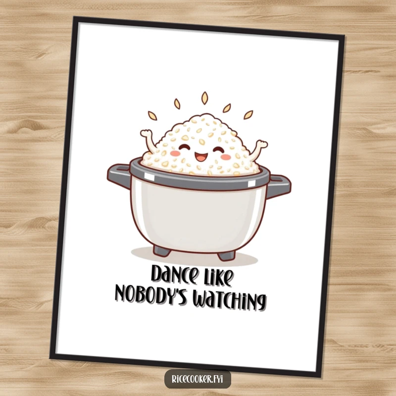 Funny Free Printable Wall Art: A lively pile of cooked rice is dancing happily inside an open rice cooker with joyful expressions.