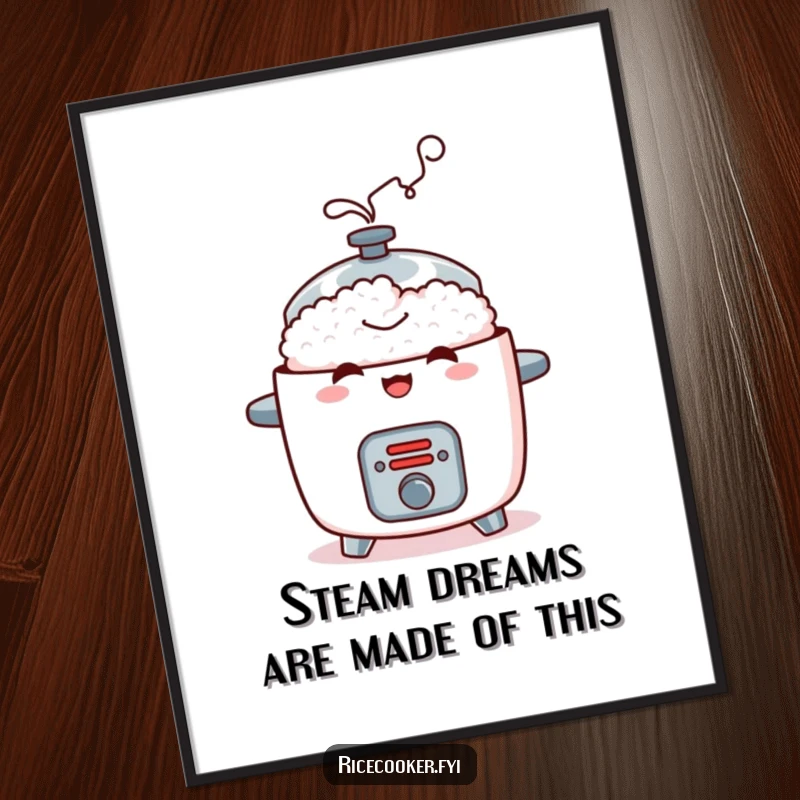 Funny Free Printable Wall Art of a mischievous rice cooker puffing steam, adding a touch of humor to any room decor.