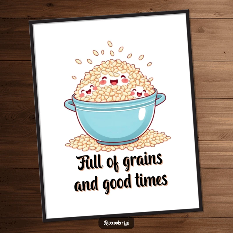 Funny Free Printable Wall Art: A cheerful pot of rice is overflowing with tiny grain faces, all expressing joy and laughter.