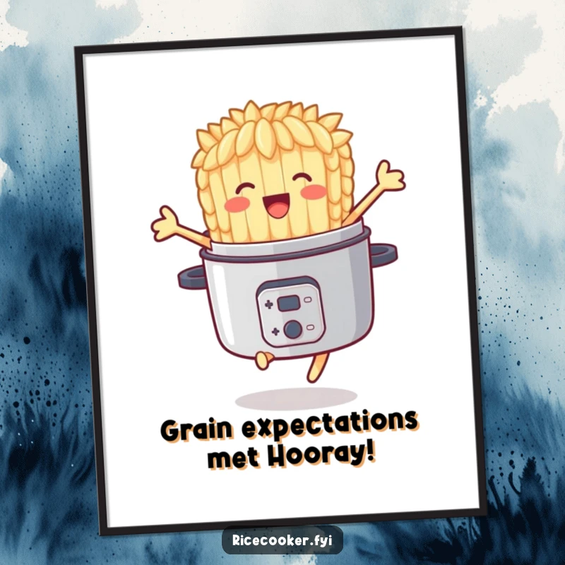 Funny Free Printable Wall Art of a delighted rice grain character exuberantly jumping from a cooker, perfect for cheerful DIY decor.