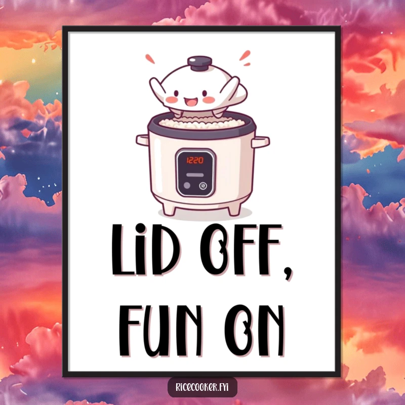 Funny Free Printable Wall Art: A determined rice cooker lid mid-leap, embarking on a grand escape.