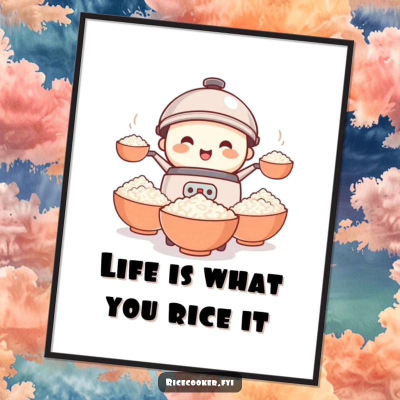 Funny Free Printable Wall Art: A smiling rice cooker juggling multiple bowls of rice, illustrating kitchen chaos and delight.