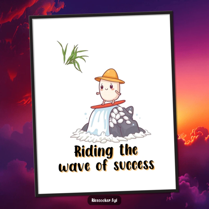 Funny Free Printable Wall Art: A hat-wearing rice grain masterfully surfing a waterfall of steam, epic style.