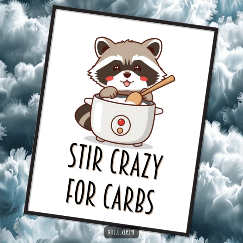 Funny Free Printable Wall Art: A mischievous raccoon confidently tapping a rice cooker with a wooden spoon, ready to cook.